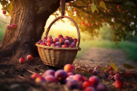 plums dropping into a basket placed under tree, created with generative aiの素材