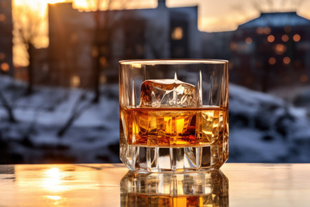 whisky in a glass with ice, next to a distillery, created with generative aiの素材