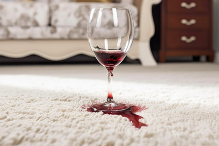 wine glass tipped over near stain on white carpet, created with generative aiの素材