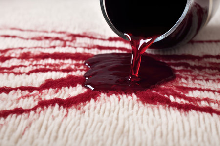close-up of red wine spill soaking into white carpet fibers, created with generative aiの素材