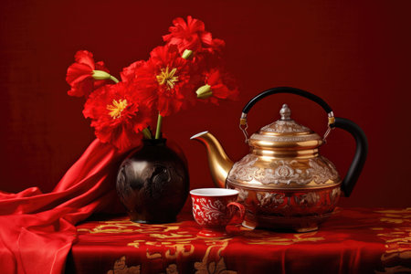 an oriental teapot with traditional asian motifs, set against a red silk backdrop, created with generative aiの素材