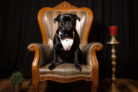 a pug dog in a tuxedo sitting on a vintage chair, created with generative aiの素材