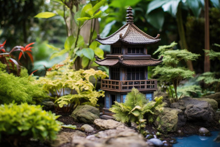 a small wooden pagoda in a lush japanese zen garden, created with generative aiの素材