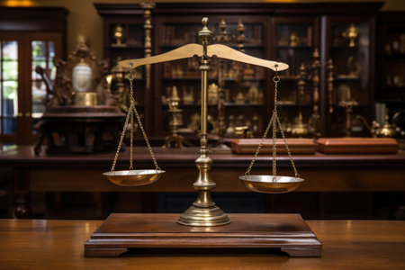 an antique brass scale of justice on a polished oak desk, created with generative aiの素材
