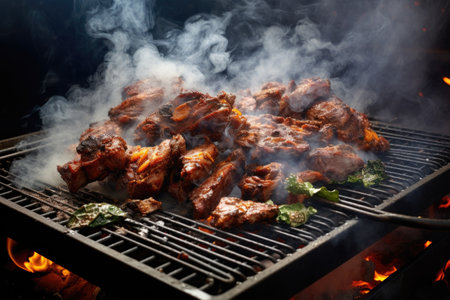 thick smoke swirling from a barbecue grill with sizzling meat, created with generative aiの素材