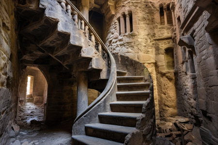 spiral staircase in a stone medieval castle tower, created with generative aiの素材