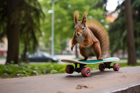 squirrel on a skateboard in a city park, created with generative aiの素材