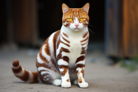white and orange-striped cat with darker stripes resembling tan lines, created with generative aiの素材
