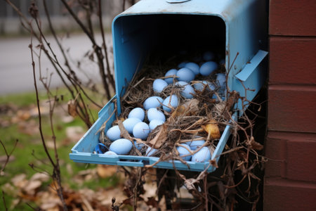 a tiny birds nest with blue eggs nestled in a mailbox, created with generative aiの素材