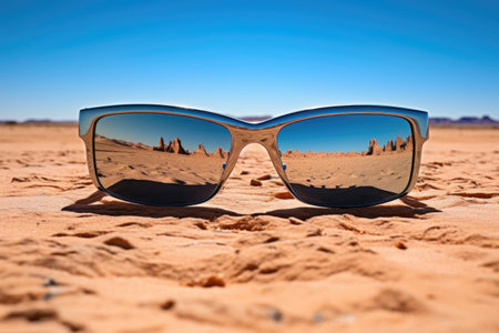 reflection of a desert landscape in wraparound sunglasses, created with generative aiの素材