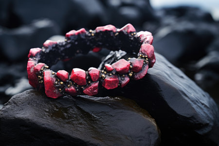 a macro shot of a beaded bracelet on a rough volcanic rock, created with generative aiの素材