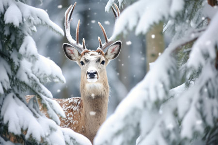 close-up of a deer with a christmas tree in the background, covered in snow, created with generative aiの素材