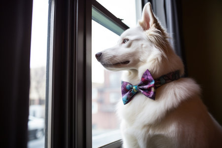 a husky wearing a multicolored bow tie, looking out of a window, created with generative aiの素材