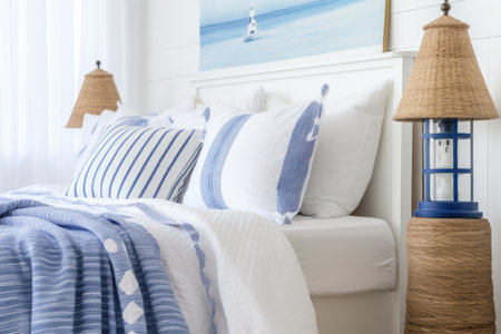 a white bed with blue seashell-patterned linens and a lighthouse lamp, created with generative aiの素材