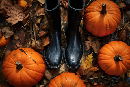 overhead shot of rubber boots stepping on fallen autumn leaves near a pumpkin, created with generative aiの素材