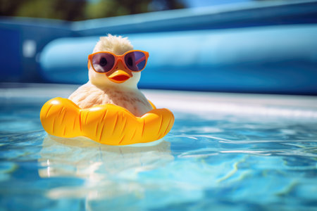 rubber duck with sunglasses on a pool float, created with generative aiの素材