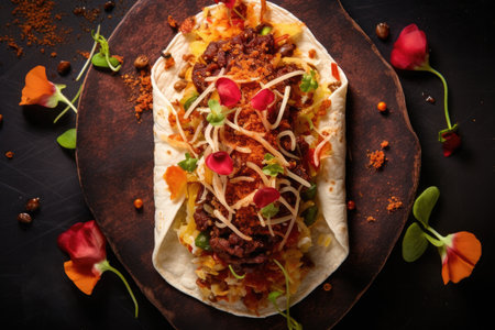overhead shot of a taco with a whole chili pepper sticking out, created with generative aiの素材