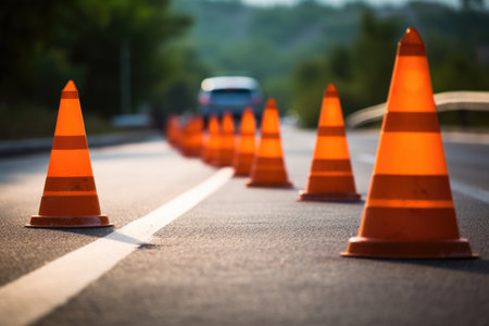 several orange traffic cones on a road, created with generative aiの素材