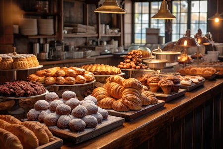 counter with freshly baked pastries in a bakery, created with generative aiの素材
