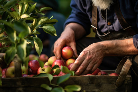 hands using apple picker tool to pluck an apple, created with generative aiの素材