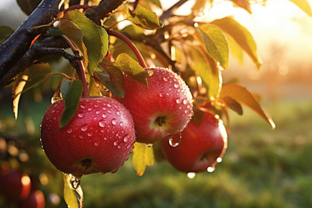 dew-kissed apples in the early morning sunlight, created with generative aiの素材