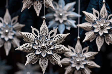 detailed shot of intricate snowflake ornaments, created with generative aiの素材