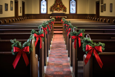 pew rows with attached bows and holly branches, created with generative aiの素材