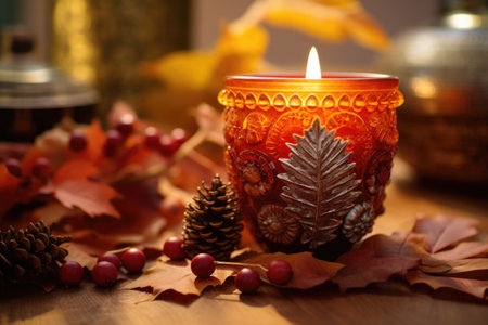 up-close shot of a decorative fall candle on a table, created with generative aiの素材