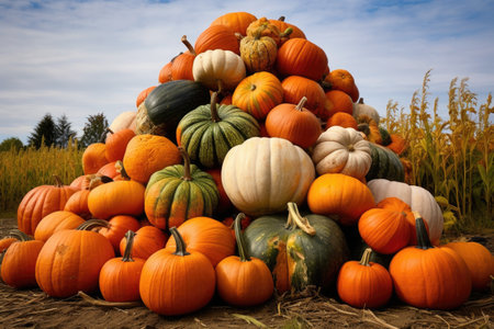 a big pile of freshly picked pumpkins, created with generative aiの素材