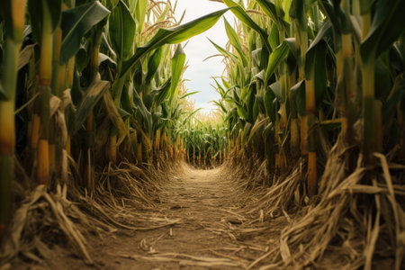 perspective shot from the heart of a corn maze, created with generative aiの素材