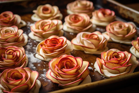 formation of apple roses for an apple rose pie, created with generative aiの素材