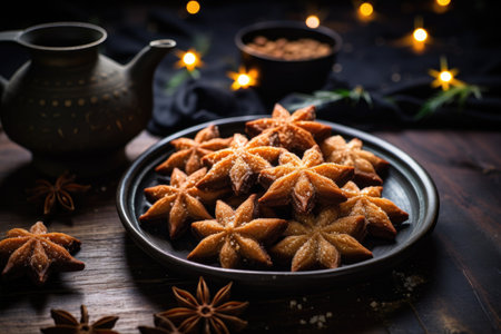 festive star-shaped cookies on a dark wooden table, created with generative aiの素材