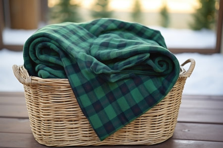cozy fleece blanket unfolded over a basket, created with generative aiの素材