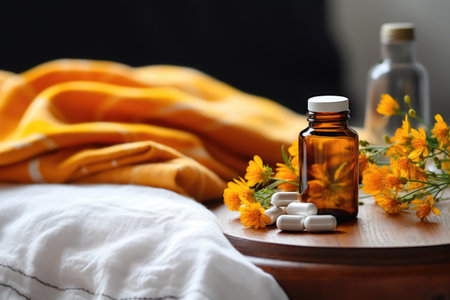 an open bottle of sleeping aid natural pills on a nightstand, created with generative aiの素材