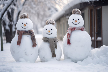 a group of untouched snowmen in a snowy yard, created with generative aiの素材