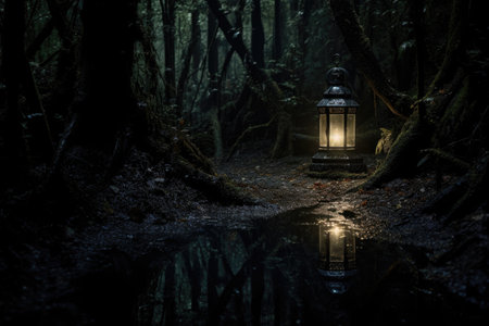 single lantern illuminating dark forest, created with generative aiの素材