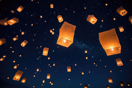 paper lanterns floating in a night sky, created with generative aiの素材