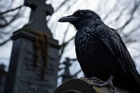 close up of a raven perched on a gravestone, created with generative aiの素材