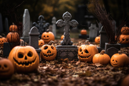 pumpkins placed randomly on tombstones, created with generative aiの素材