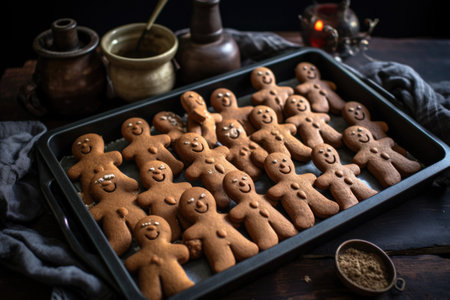a baking tray full of raw gingerbread men, created with generative aiの素材