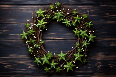 green vine christmas wreath with rustic wooden stars, created with generative aiの素材