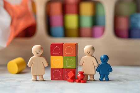 pair of wooden toy blocks, one marked mom, other dad, surrounded by baby blocks, created with generative aiの素材