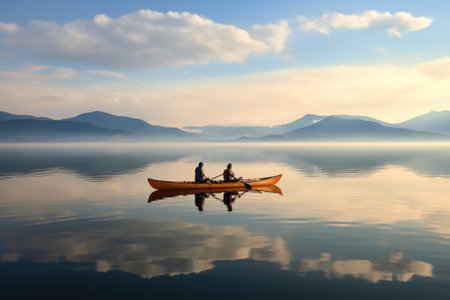 a tandem kayak on a calm lake, created with generative aiの素材