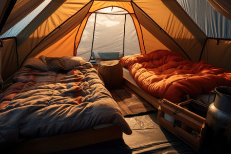a camping tent with two sleeping bags inside, created with generative aiの素材
