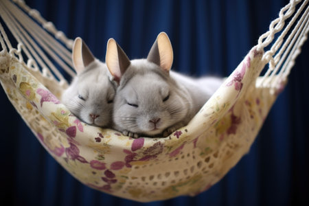 pair of chinchillas cuddling in a hammock, created with generative aiの素材