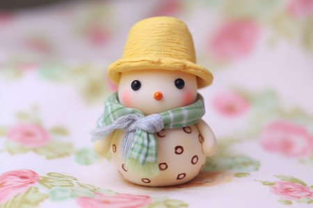 miniature clay snowman with a pastel-colored hat and scarf, created with generative aiの素材