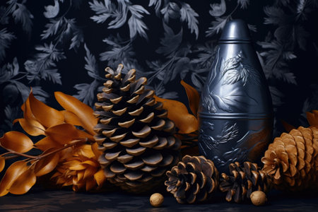 metallic spray paint beside pinecones, created with generative aiの素材