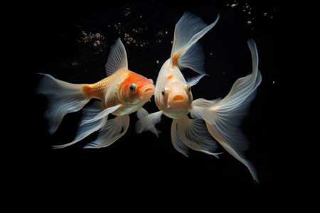 two goldfish, one male and one female, swimming together, created with generative aiの素材