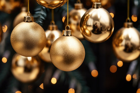 close-up of shimmery gold baubles on a christmas tree, created with generative aiの素材