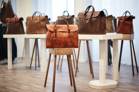 brown leather bags displayed on white pedestals, created with generative aiの素材